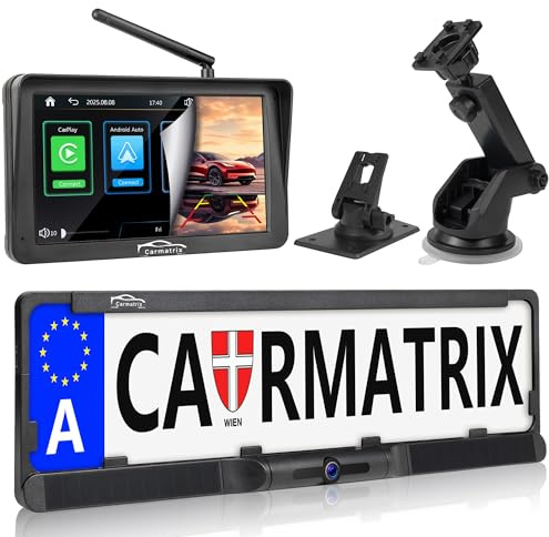 HD Solar Rückfahrkamera 7Display, Rückfahrsystem Apple CarPlay Android Auto Car Kamera zum Nachrüsten im Kennzeichenhalter für Wohnmobil, Wohnwagen, Anhänger, Transporter, WLAN, Bluetooth, GoogleMaps