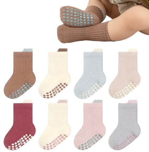 YANWANG 8 Pares de Calcetines Antideslizantes con Agarre para Bebé Calcetines de Tripulación Transpirable para Pequeños Niños Niñas(Brown+Pink,S:0-1Y)