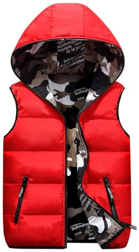 Chaleco de invierno con capucha para niños 2026, acolchado, camuflaje, reversible, con cintura, rosso, 12-14 años