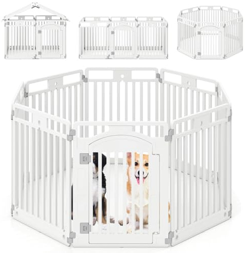 Maxmass Foldable Dog Playpen, Freestanding Pet Gate with Lockable Door, Outdoor Indoor Plastic Pets Fence for Small & Medium Animals (White, 8 Panels: 192 x 65 x 80 cm)