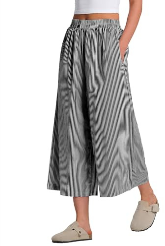 Rapbin Pantacourt d'été 2026 en coton à taille élastique à carreaux pour femme, pantalon décontracté et léger, Noir à rayures fines, L