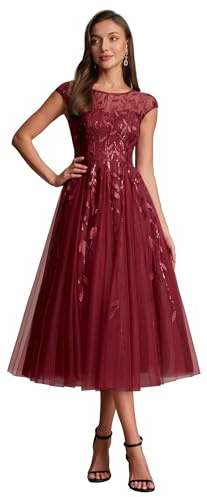 Ever-Pretty Robes d'Invité de Mariage Midi Col Ronde Manches Courtes Paillette Tulle EG02778