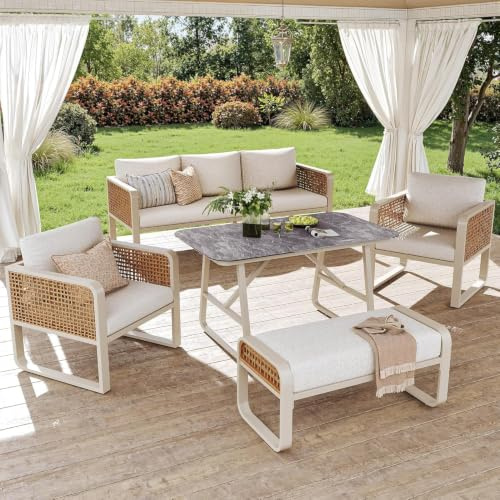 DHHU Ensemble Salon de Jardin 7 Pièces en Rotin PE pour 6 à 7 Personnes, Canapé 3 Places avec 2 Fauteuils et Banc, Table Basse en Verre, Coussins Amovibles et Lavables, Pieds Réglables,Beige