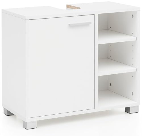 FineBuy Waschbeckenunterschrank 60x55x32 cm weiß mit Tür, Unterschrank Waschbecken Badezimmer, Waschtischunterschrank mit Fächern, Badezimmerschrank mit Ablage