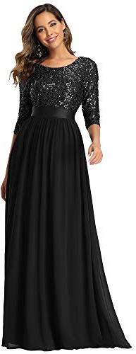 Ever-Pretty Vestiti da Sera e Cerimonia Donna Linea ad A Elegante Manica 3/4 con Paillettes Abiti da Damigella Chiffon Stile Impero Nero 46