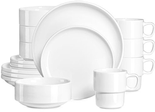 LOVECASA, 16-Piece Dinner Sets Ivory White Porcelain Oval Dinner Plate Sets with 4-Piece Dinner Plates, 4-Piece Dessert Plates, 4-Piece Bowls and 4-Piece Mugs