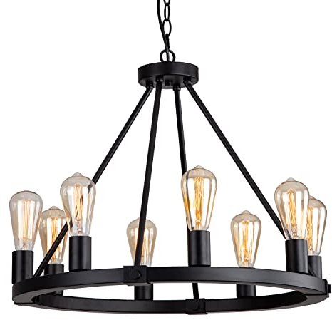 9MMML 23.6 8 Lights Wagon Wheel Chandelier,Black Metal Round Industrial Vintage Kitchen Island Pendant Light for Living Dining Room Foyer Entryway,Height Adjustable,E26.
