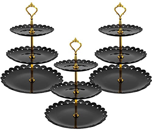 KOHAND Lot de 3 présentoirs à gâteaux à 3 étages en plastique noir - Plateau de service rond à étages pour gâteaux, desserts, fruits - Tour de présentation pour fête, mariage
