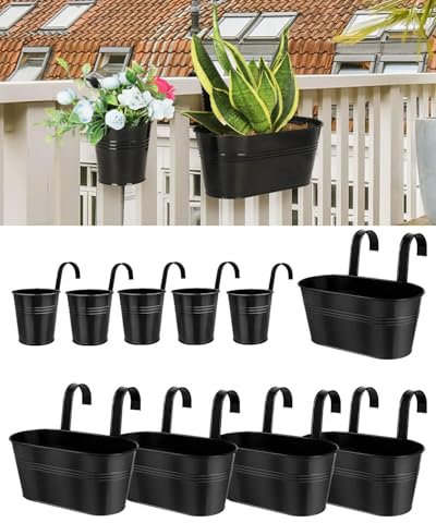 5 Pcs 27 CM Metal Railing Planter for Outdoor Plants – 5 Pcs 9.9 CM Balcony Hanging Flower Pots with Detachable Hooks, Drainage Holes, Oval Bucket Rail Box Fence Planters for Home Garden Décor, Black