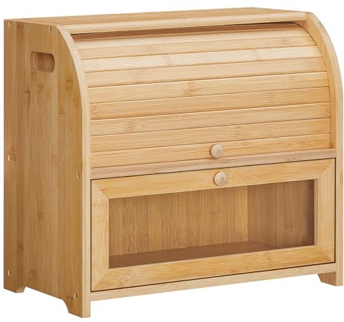 HOOBRO Brotkasten Bambus, 2-stöckiger Brotkorb, Brotbox, Brotaufbewahrung mit Rolldeckel und Vitrine, Brotbehälter für Brötchen und Gebäck, für Küche und Restaurant, Bambusfarbe EYL13MB01