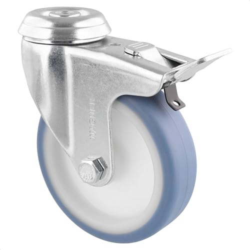 WAGNER 23370001 - Rueda de dirección suave con orificio trasero - Diámetro de 100 mm, altura de construcción 125 mm, acero galvanizado, azul/blanco, freno, capacidad de carga 75 kg