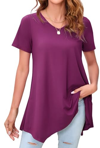 Enmain Donna Tunica Camicetta Viola Manica Corta Camicie Casual Estiva Scollo V Top Camicie Camicetta Longline Tinta Unita Magliette per Vacanze Primavera Estate,Viola,3XL