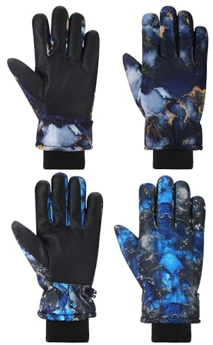 Honoson 2 Pairs Kids Snow Gloves Winter Waterproof Kids Ski Gloves Youth for Girls Boys Outdoor Toddler Snowboard Warm Clothe(Blue Black Watercolor Gilt Pattern,10-15 Years)