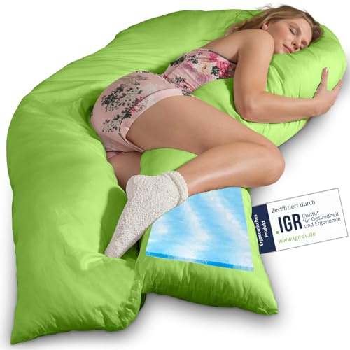 Traumreiter Seitenschläferkissen Visco XXL mit Bezug Baumwolle Apfelgrün, Hybrid Kissen +1cm Memory Foam Schwangerschaftskissen U Form Gel Body Pillow Komfortkissen Ergonomie Zertifiziert