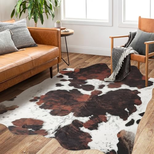 BennyRug Cowhide Rug Faux Cowhide Rugs Cow Hide Animal Print Rug Brown Non-Slip Area Rug Western Decor for Living Room, Bedroom, Office(4.6x5.2ft)