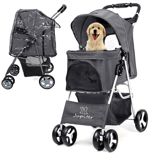 JupiterJX Dog Stroller with Rain Cover, Pet Pram for Small Medium Dogs, Dog Buggy with Storage Basket Cup Holder, Cats Dogs Pushchair, Foldable Pet Pram for Cats Puppies (Grey with Rain Cover)