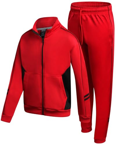 Quad Seven Boys Tracksuit Set - 2 Piece Athletic Tricot Zip Up Boys Sweatshirts and Jogger Pants Outfit (Sizes 4-18), Size 12-14, Red/Black