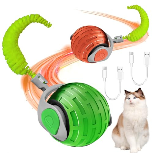 Giocattolo interattivo per gatti, 2 pezzi, palla da gioco interattiva con coda per gatti, giocattolo automatico per gatti, palla elettrica a 360 gradi, palla per gatti da interni, verde e rosso