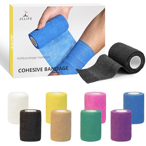 JCLIFE - Set da 8 Rotoli di Benda Elastica Coesiva, 7.5 cm x 4.5 m, Alta Elasticità.Bendaggio Elastico per Dita, Polso o Caviglia in Caso di Distorsioni - Multicolore
