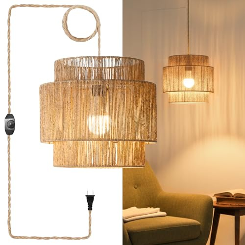 Chi An Home 11.8 Boho Jute Plug in Pendant Light, Handwoven Natural Hanging Lamp Plug in with Dimmable Light Switch, Wicker Hanging Light Fixture for Bedroom Living Room Kitchen (No Bulb Included)