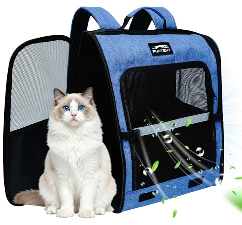 Cat Backpack Carrier for Large Cat Pet Backpack for Small Dog, Foldable Kitten Backpack Up to 13 Lbs, Doggy Backpack Cat Bookbag for Hiking, Camping (Blue)
