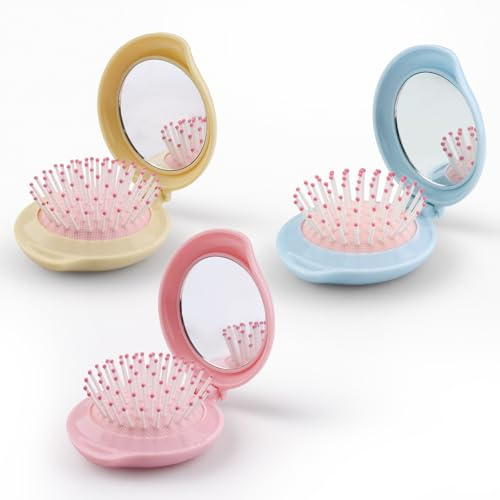 Paquete de 3 mini cepillos plegables para el pelo, tamaño de viaje con espejo, cepillo pequeño y compacto para bolso esencial para mujeres y niñas, bolsillo para el cabello, peine redondo portátil