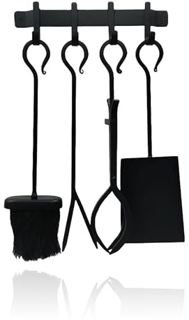 Relaxdays Juego de Accesorios para Chimenea, 5 Piezas, atizador, Pala, Escoba, tenazas, Soporte de Pared, Negro, Hierro, 45 x 30 x 10.5 cm, 5