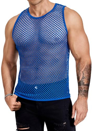 COOFANDY Mesh Shirt for Men Summer Solid Color Tank Tops Ound Neck Sexy Leeveless Clubwear Sheer Breathable T-Shirt Royal Blue