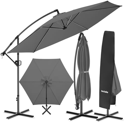 tectake® Ombrellone da Giardino 3,5x3,5 m, Ombrellone a Braccio Girevole 360°, Protezione UV 50+, Idrorepellente, Inclinabile, Base in Acciaio a Croce, Manovella, Arredamento Giardino - Grigio