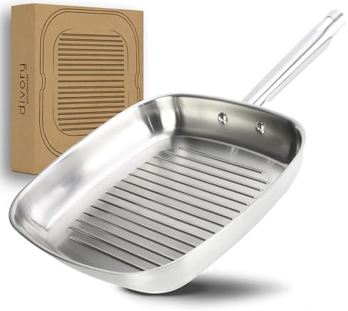 DIVORY Bistecchiera 28 x 28 cm, Padella per Bistecca in Acciaio Inox Senza Rivestimento - Induzione, Adatta al Forno e a Tutti i Piani Cottura, Senza PTFE e PFOA (PURA, 28 cm)