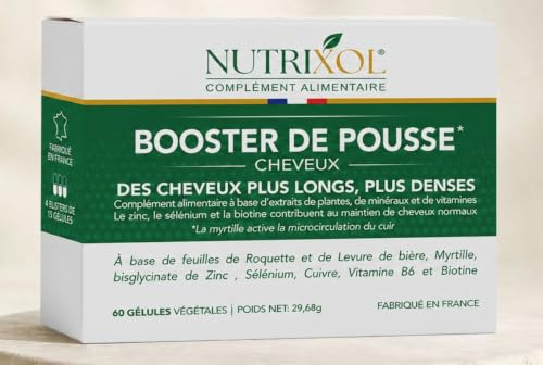 NUTRIXOL - Pousse Croissance & Fortification des cheveux - Complément Alimentaire - Roquette, Biotine, Zinc, Cuivre, Sélénium, Vitamine B6 - Fabriqué En France - Programme 2 Mois - 60 Gélules