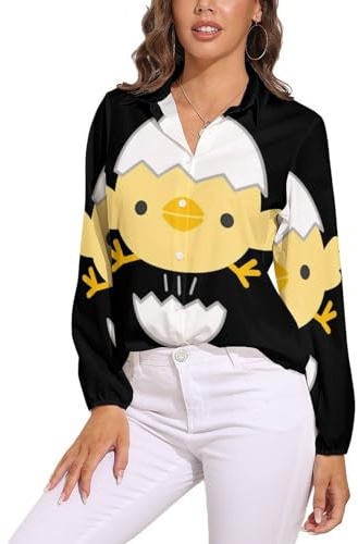 JiuPopular Blusa de manga larga con purpurina plateada brillante para mujer, camisa con botones para fiesta de trabajo, Pollito de cáscara de, 3XL