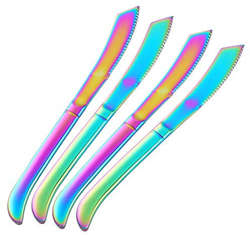 SBOMHS Set di 4 coltelli da bistecca in acciaio inox, lunghezza 230 mm, manico ergonomico, coltello da menu, posate creative, lavabili in lavastoviglie/arcobaleno