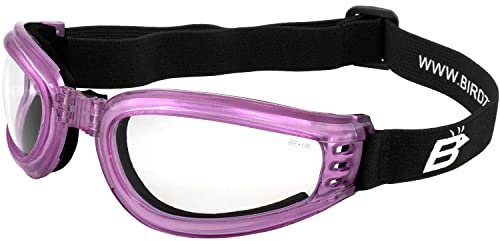 Birdz Eyewear Cardinal Padded Floating Motorcycle Goggles for Women Translucent Pink Frame with Clear Lenses Folding Goggles (Clear)