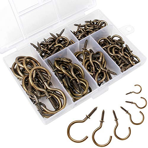Aipaide 135 PCS Screw Hooks 6 Sizes Vintage Bronze Cup Hooks for Mug Hanging Christmas Lights Plants Indoors Outdoors Use
