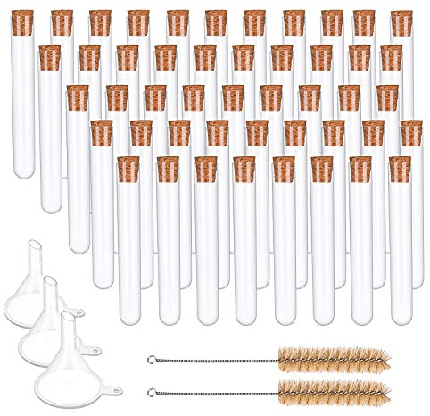 Aoliandatong 50 Stück Reagenzgläser aus Kunststoff, 12 x 75 mm, transparente Laborglas-Reagenzgläser mit Korken und Trichter für DIY Handwerk, Blumen, Partygeschenke, Hochzeit, Süßigkeiten, Badesalz,