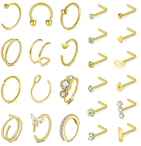 Incaton 20G Gold Nose Rings Nose Studs Hoop Nose Rings Stainless Steel L Shape Nose Studs Hoops CZ Heart Star Hypoallergenic Nostril Nose Piercing Jewelry for Women Men