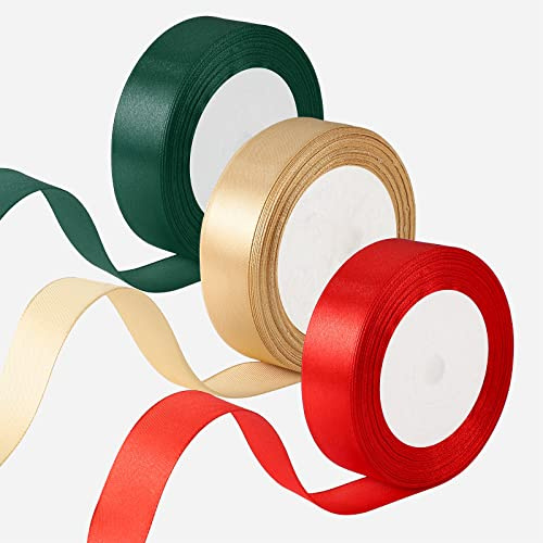 3 Rouleaux Ruban Satin de Noël, 2,5cm x 66m Ruban Satin Rouge pour Emballage Cadeau Noël Bouquet de Mariage Anniversaire Artisanat