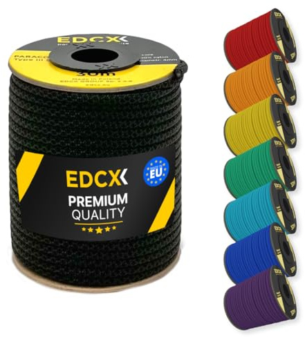 EDCX 4mm Nylon Paracord 550 30m (100 fot) - Typ III, 100% nylonrep, 7-trådsrep, 4mm nylonrep i enfärgade färger (Black Snake, 30 m)