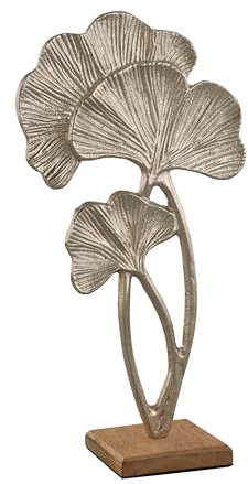 Lifestyle & More Skulptur Dekofigur Tropenblätter Silber aus Metall stehend auf Holzsockel 21x39 cm