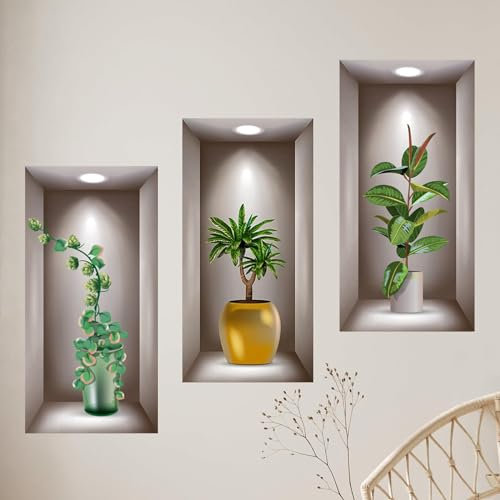 FANNAS 3D Sticker Mural Plantes 25 * 40cm Décoration Murale Sticker Plante Auto Adhésif Cuisine Trompe L'oeil Mural Stickers Muraux Vases Autocollant D'Effet,pour Chambre Muraux Salon