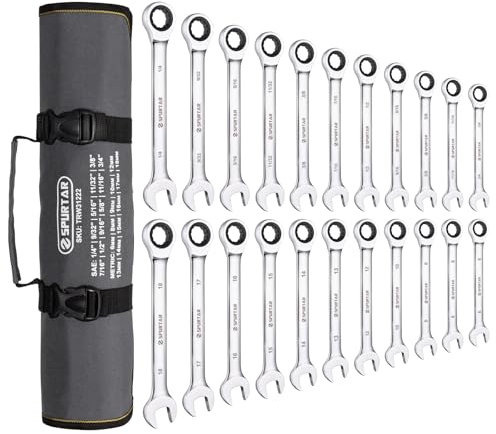 Spurtar Juego de 22 llaves fijas con carraca de 6-18 mm y 1/4 a 3/4 pulgadas, juego de llaves combinadas de 72 dientes, juego de llaves de trinquete con acabado de espejo de acero CR-V con bolsa