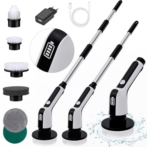 vrillo Elektrische Reinigungsbürste, Electric Spin Scrubber mit 6 austauschbaren Bohrbürstenköpfen, Kabellos, Wiederaufladbar, Wasserdicht nach IPX8, Verstellbarer Griff, für Badewanne, Fliesen, Auto