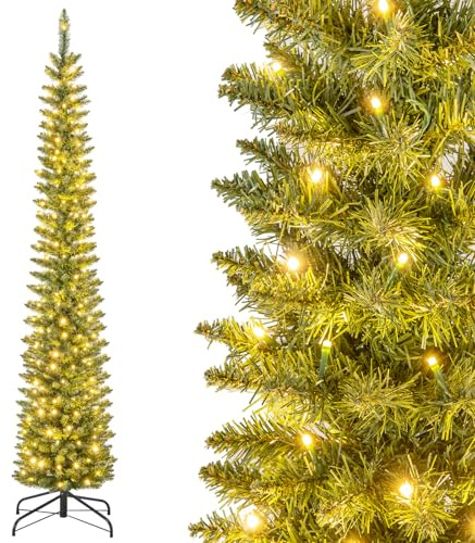 COSTWAY Albero di Natale Slim da 150/180/210 CM, Albero di Natale Artificiale con 150/180/200 Luci LED Bianche Calde, 296/390/499 Punte di Ramo e Supporto Pieghevole in Metallo (210 cm)