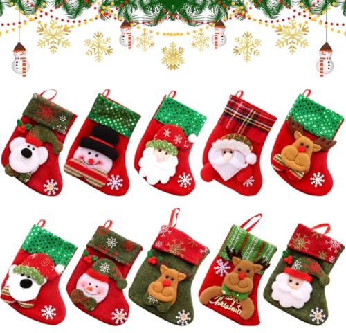 EAPMGQR - Calcetines de Navidad, 10 piezas, medias de Navidad, calcetines de Navidad colgantes, calcetines decorativos, mini 3D de Navidad, calcetín para árbol, chimenea, escaparate, bolsa de