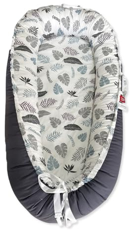 SONARIN Portatile Riduttore Lettino Neonato,88 x 53 cm Baby Nest Nido Neonati Riduttore Culla da Viaggio per Bambini, con100% Cotone Copertura Reversibile Lavabile(Grigio-Foglia)