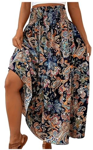 Générique Jupe Longue Femme Ete, Jupes Femme Fluide Fleurs Bohème Jupe Style Rétro Vintage Maxi Jupes Fleurs Taille Haute A-Line Jupe Portefeuille Femme Décontractée Vacances Été Plage