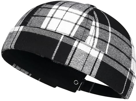 DIYDECAL Striped Plaid Brimless Worker Cap,Retro Skullcap Docker Hat for Men Womens Black