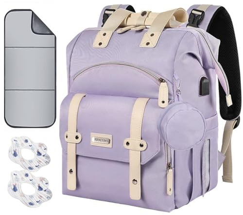 KENLUMO Sac à Dos à Langer, Sac à Langer bébé avec Matelas à Langer Portable, Sangles de Poussette et Porte-Sucette, Sac de Voyage multifonctionnel pour Maman ou Papa (Violet)