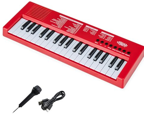 KOMFOTTEU Piano Numérique 37 Touches, 8 Rythmes, 8 Sonorités et 22 Démos, Clavier Électroniques pour Enfant de 3 Ans+, Piano Électronique en ABS avec Microphone (Rouge)